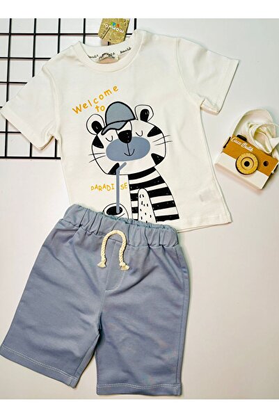 cacobutik Boy's Cute Cat Print Summer Shorts Set Blue
