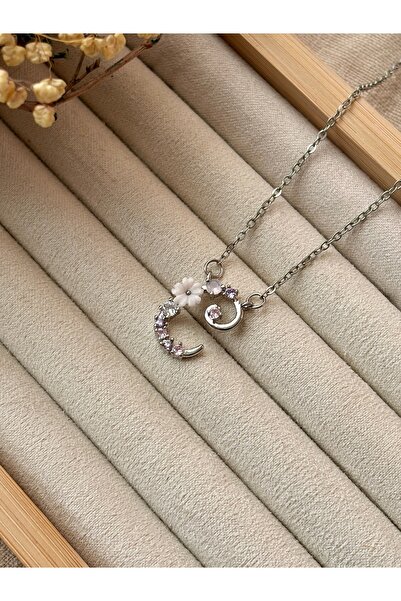 Tiştok accessory Çelik Zincir Gümüş Renk Çiçekli Mineli Harfi Vintage Kolye- ...