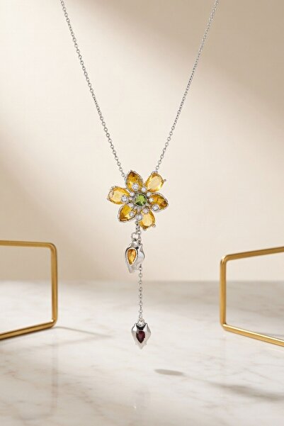 bacc Yellow Flower Figured Chain Necklace with Drop Stone Detail