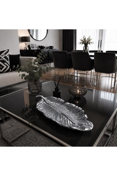 MİREVA 40 cm Silver Leaf Decorative Tray, Large Size Stone Powder Console and Coffee Table Accessory