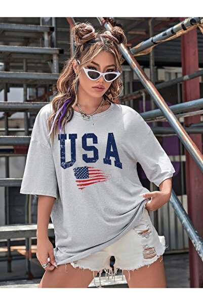 JENOLAN Žene / Devojke SAD Amerika Štampano Dimljeno Oversize kroj T-shirt Le...