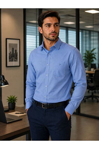 GÖMLEK GALERİSİ Men's Classic Wide Cut Plain Filafil Woven Long Sleeve Shirt