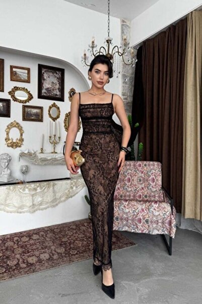 CKM MODA Goret Lace Strap Midi Dress Black