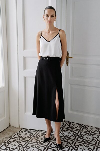 CKM MODA Bloy Belted Slit Detailed Flared Skirt Black