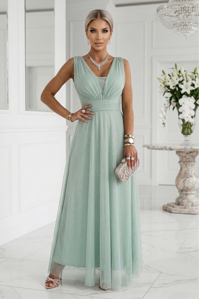 OEM Rochie maxi lungă cu accent brocat și decolteu adânc - verde fistic Casual