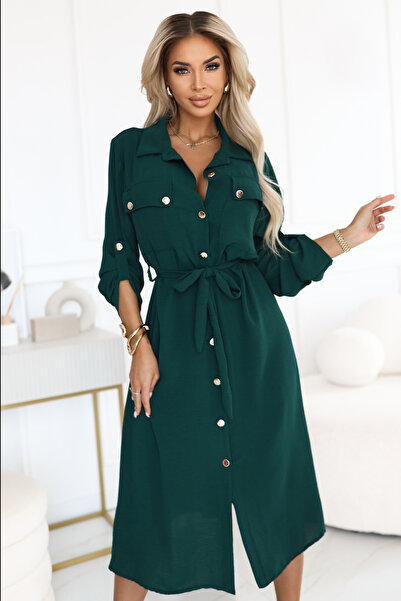OEM Rochie midi cu nasturi aurii și nodă - verde Eleganta Office