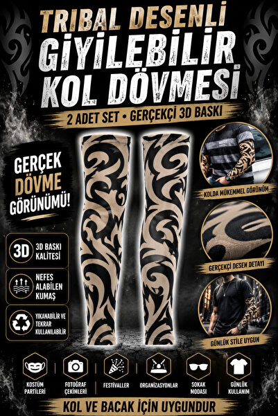 Tamsena Store 2 Adet Tribal Desenli Giyilebilir Kol Dövmesi 3D Baskılı Gerçek...