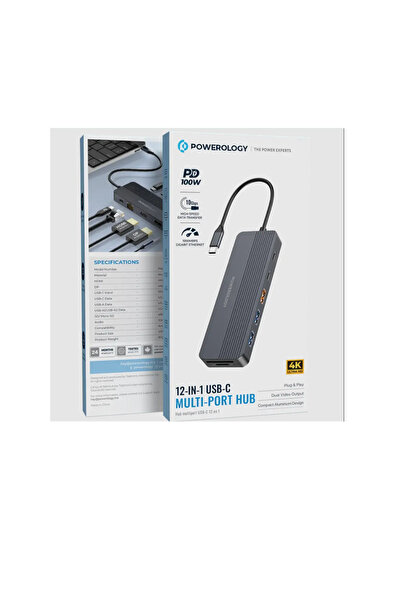Powerology موزع USB-C متعدد المنافذ 12 في 1 باللون الرمادي