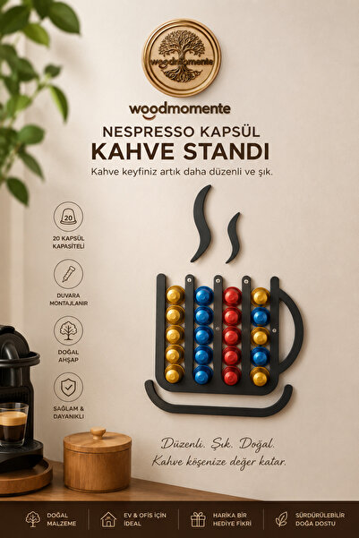 woodmomente Duvara Monte Nespresso Kapsül Kahve Standı 20 Kapsül Kapasiteli