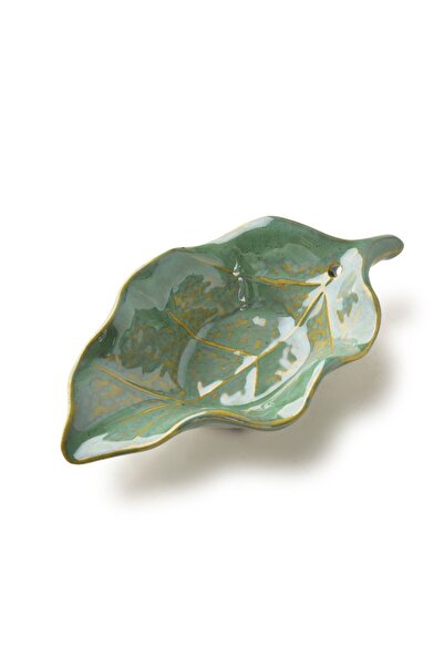 MONDEX Suport ceramic pentru tămâie, în formă de frunză, 14x8x4 cm, verde, 1 ...