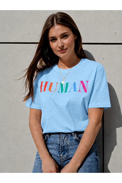 VODEXA Tricou oversize pentru femei, cu imprimeu HUMAN, 100% bumbac, croială ...