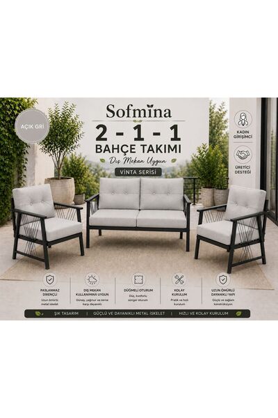 Sofmina Vinta Açıkgri Bahçe Mobilyası Seti 2+1+1 - Metal İskelet Balkon Bahçe...