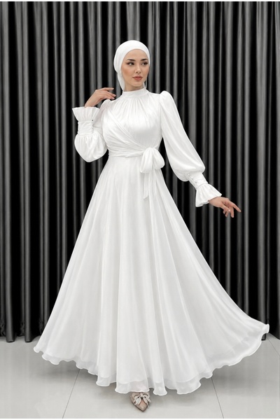 Tane Beyaz Kuşak Detaylı Tesettür Abiye Elbise – Davet-Nikah-Özel Gün Elbises...