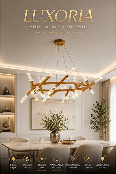 Elvora Home Modern (PREMİUM) Ahşap Kristal LED Sarkıt Aydınlatma Lüks Salon O...