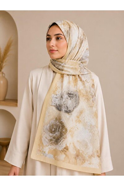 Saaye Babil İpek Rose Desenli Sarı Şal 190x80 cm