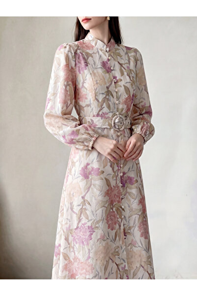 Greneric Belted Floral Print Long Sleeve Modest Midi Dress