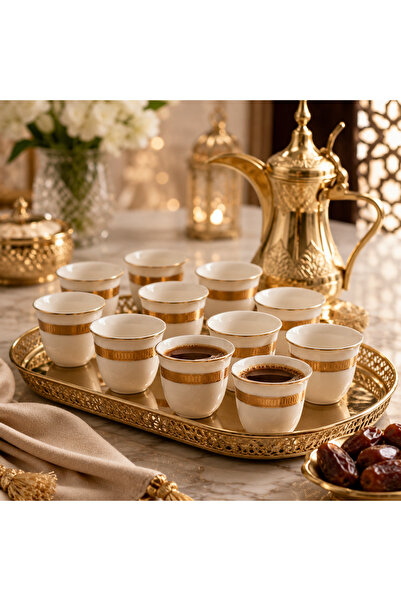 Dania 🌟 طقم فناجين قهوة عربية بورسلان فاخر 12 قطع – لون أبيض بخط ذهبي أنيق |...