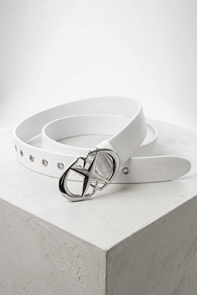Köstebek White Cyber Star Buckle Leather Belt