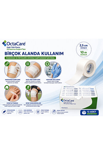 Octacare Kağıt Flaster 2,5 cm x 10 m Hipoalerjenik Mikroporlu Tıbbi Flaster 12 Adet Paket