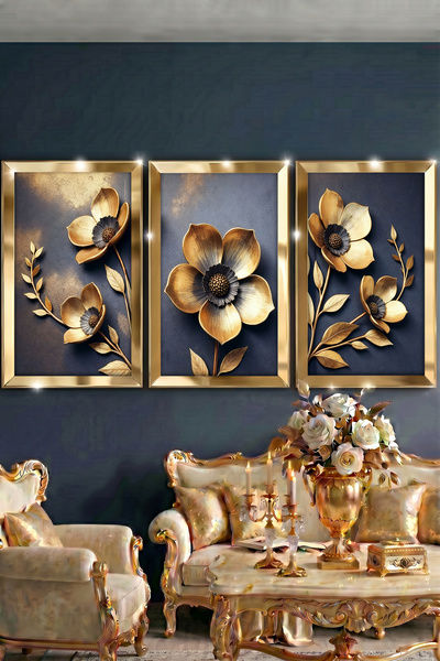 Dekorvia Gold Aynalı Pleksi Çerçeveli 3lü MDF Tablo UV Baskılı 3 Boyutlu Salo...