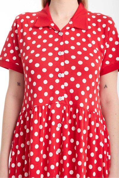 Arttist Girl Red Polka Dot Shirt Collar Cotton Pocket Casual Dress