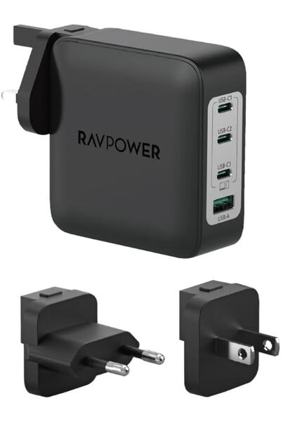 RavPower 200W Wall Charger with 3 Type-C Ports and UK Plug from RAVPower, Black