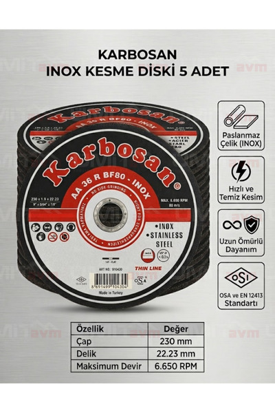 KARBOSAN 230x1.9 mm Inox Paslanmaz Kesme Diski Büyük Spiral Taşı 5 Adet
