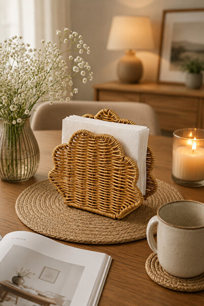 YzHome İstiridye Hasır Rattan Peçetelik Saklama Kutusu Organizer 16*19cm