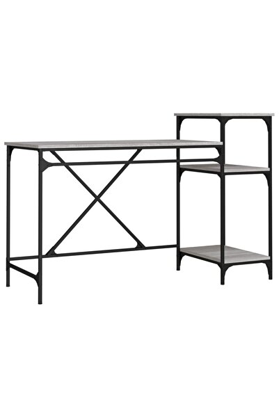 vidaxl Birou cu rafturi, gri sonoma, 135x50x90 cm, lemn compozit/fier