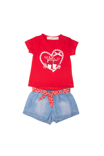 Babybol Compleu vara fetite , tricou rosu si pantalon jeans scurt, , centura ...
