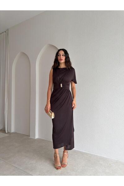 Mooi Butik فستان فيفير ميدي 3690 - بني غامق