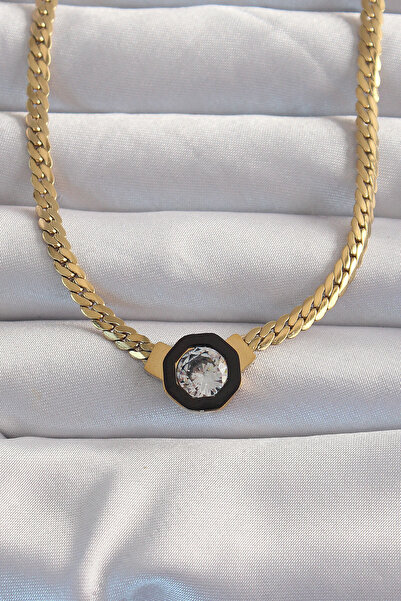OGHAMAY 316L Steel Gold Color Crushed Chain Zircon Stone Enamel Serenay Necklace