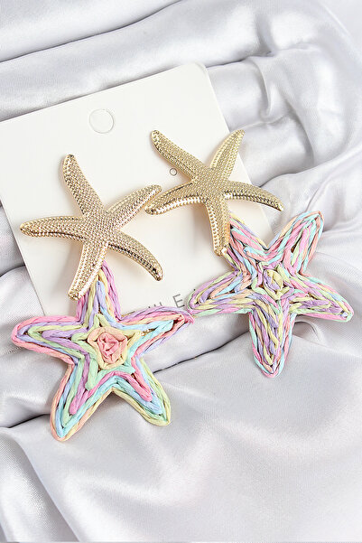OGHAMAY Brass Dangle Rainbow Starfish Model Gold Color Straw Earrings