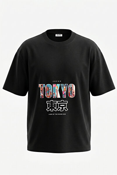 Anetos Tricou oversize negru din bumbac cu imprimeu pe spate, design Japonia ...