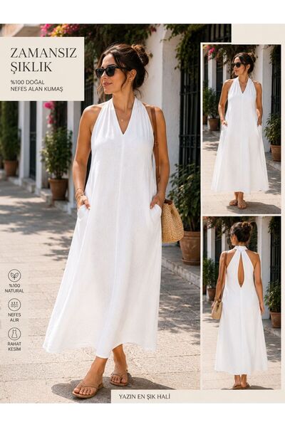 SELGORA ALAÇATI STİL HALTER YAKA MXİ ELBİSE SIRT DETAY