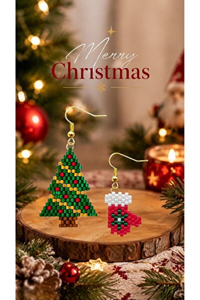 SEARD Miyuki Beads Handmade Gloves and Pine Tree Earrings New Year Christmas ...