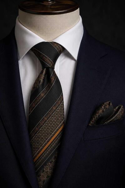 Kravatkolik Brown Line Pattern Classic Tie with Handkerchief Kk13741