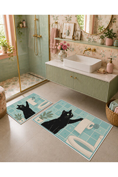 Evmila Siyah Kedi Desenli Kaymaz Taban Banyo Paspası 2’li Set Mint Mavi Çocuk...