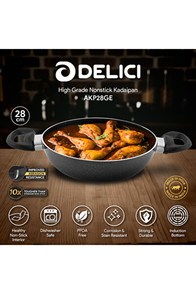 DELICI AKP28GE 28CM Granite Non-Stick Kadai Pan Glass Lid PFOA-Free Aluminium...