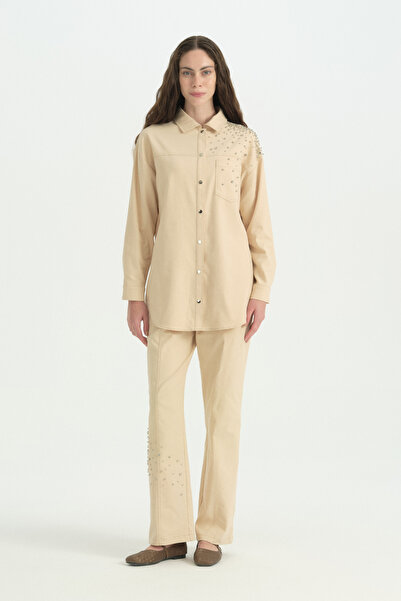 Nihan Shiny Stone Canvas Trousers Cotton Set - Cream