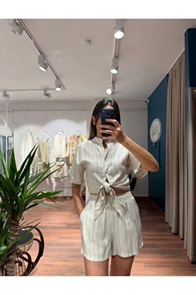 MODA Ecru Striped Shirt and Shorts Set with Tie Detail