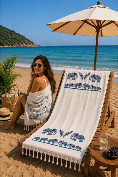 ELY PARKER Cotton Muslin Peshtamal Beach Towel with Patterned Tassels, Lightw...