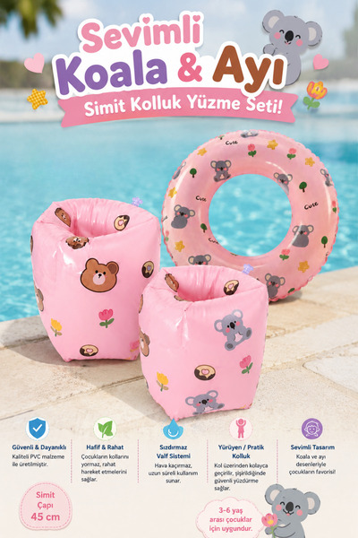 craftivio Sevimli Koala ve Ayıcık Desenli Çocuk Deniz Havuz Yüzme Seti - Simi...