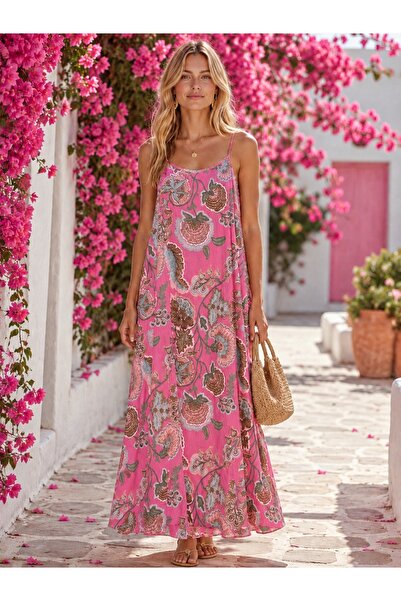 Hale Shop %100 italyan Keten Etnik Desenli Elbise - PEMBE