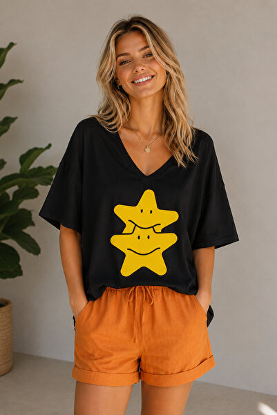 ArtYus Μπλουζάκι Unisex Oversize με στάμπα Double Star και λαιμόκοψη V – Βαμβ...