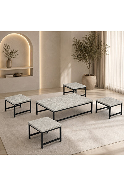 Mily Rectangular floor table set, gray wood and black metal frame – 5 pieces