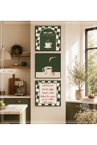 Tablomtr Cafe Verde - Dijital Baskılı Siyah Metal Çerçeveli Gerçek Camlı 3'lü...