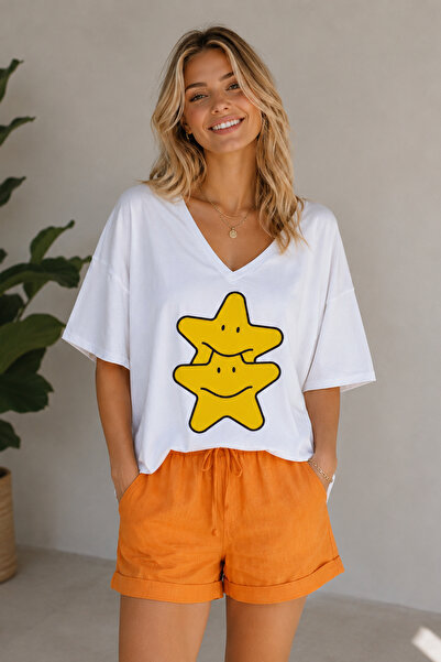 ArtYus Tricou oversize unisex cu decolteu în V și imprimeu cu stele duble – T...