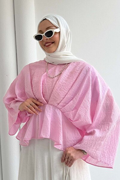 Modaensarbutik Düşük Kol Pile Detaylı Gömlek-PEMBE