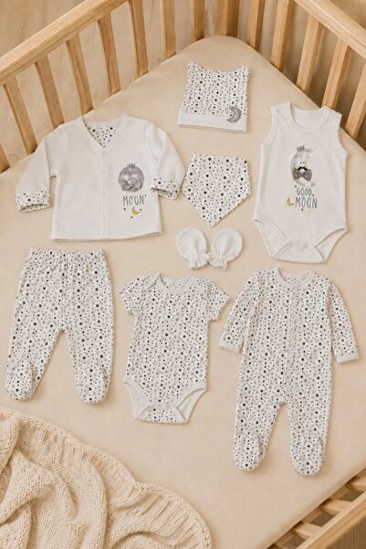 Tuğra Bebe Moon and Star Patterned 8-Piece Baby Hospital Discharge Set with O...
